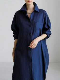 Women's Cotton Linen Dress Casual Dress Swing Dress Maxi Long Dress Cotton Blend Stylish Casual Winter Dress Daily Holiday Shirt Collar Button Pocket Long Sleeve Summer Spring Fall 2022 Loose Fit -Cheap Plus Fit Dress Store zdxeag1658457830664