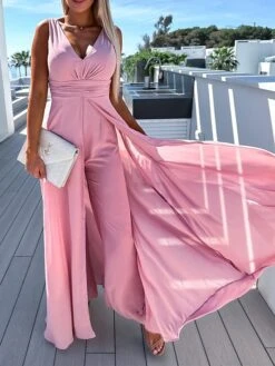 Women's Jumpsuit High Waist With Train Solid Color V Neck Streetwear Wedding Party Regular Fit Sleeveless Black Pink Blue S M L Summer