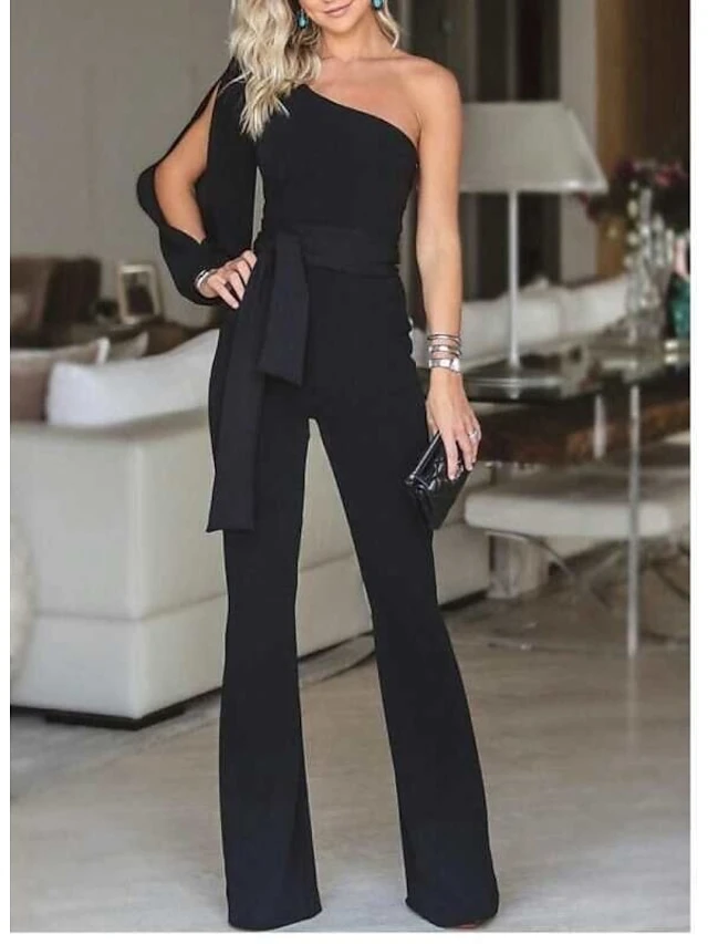 White Jumpsuit For Women Clean Fit Split Solid Color Cold Shoulder Elegant Party Prom Regular Fit Long Sleeve Black Blue Pink S M L Fall 2 White Jumpsuit For Women Clean Fit Split Solid Color Cold Shoulder Elegant Party Prom Regular Fit Long Sleeve Black Blue Pink S M L Fall - Image 2