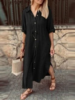 Women's Shirt Dress Casual Dress Cotton Linen Dress Maxi Long Dress Linen Cotton Blend Basic Classic Outdoor Daily Vacation Shirt Collar Pocket Split 3/4 Length Sleeve Summer Spring Fall 2023 Loose 7 Women's Shirt Dress Casual Dress Cotton Linen Dress Maxi Long Dress Linen Cotton Blend Basic Classic Outdoor Daily Vacation Shirt Collar Pocket Split 3/4 Length Sleeve Summer Spring Fall 2023 Loose -Cheap Plus Fit Dress Store zendic1689651623268