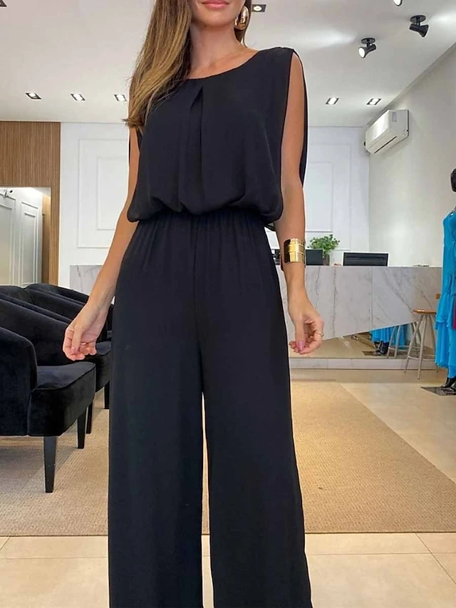 Women's Jumpsuit Backless High Waist Solid Color Crew Neck Streetwear Office Work Regular Fit Sleeveless Black Blue Fuchsia S M L Summer 2 Women's Jumpsuit Backless High Waist Solid Color Crew Neck Streetwear Office Work Regular Fit Sleeveless Black Blue Fuchsia S M L Summer - Image 2