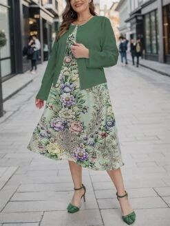 Women's Plus Size Curve Casual Dress Dress Set Two Piece Dress Floral Midi Dress Long Sleeve Print Crew Neck Fashion Outdoor Brown Green Fall Winter L XL XXL 3XL 4XL