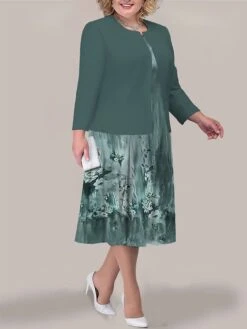 Women's Plus Size Curve Two Piece Dress Set Casual Dress Print Dress Outdoor Office Fashion Streetwear Print Midi Dress Crew Neck Long Sleeve Floral Black Light Green Blue Fall Winter L XL XXL -Cheap Plus Fit Dress Store zfgfjj1693295635874