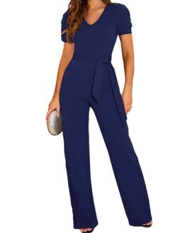 Women's Jumpsuit Lace Up Solid Color V Neck Streetwear Holiday Vacation Regular Fit Short Sleeve Black Wine Red S M L Spring -Cheap Plus Fit Dress Store zfmtzb1673405781646