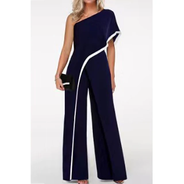 Jumpsuits For Women Summer Dressy Color Block One Sleeve Shoulder Elegant Party Prom Straight Regular Fit Short Sleeve Black S M L Spring Fall 5 Jumpsuits For Women Summer Dressy Color Block One Sleeve Shoulder Elegant Party Prom Straight Regular Fit Short Sleeve Black S M L Spring Fall - Image 5