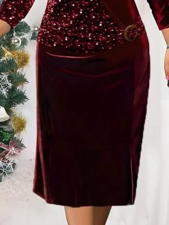 Women's Plus Size Curve Party Dress Wine Red Velvet Dress Sequin Dress Plain Midi Dress 3/4 Length Sleeve Crew Neck Fashion -Cheap Plus Fit Dress Store zfzhjg1696846208341
