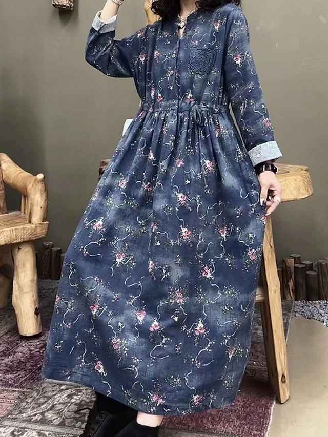 Women's Casual Dress Cotton Linen Dress Swing Dress Maxi Long Dress Linen Cotton Blend Daily Casual Outdoor Daily Vacation Split Neck Button Print Long Sleeve Spring Fall Winter 2023 Loose Fit Wine 3 Women's Casual Dress Cotton Linen Dress Swing Dress Maxi Long Dress Linen Cotton Blend Daily Casual Outdoor Daily Vacation Split Neck Button Print Long Sleeve Spring Fall Winter 2023 Loose Fit Wine - Image 3