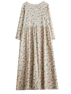 Women's Casual Dress Linen Dress Swing Dress Maxi Long Dress Linen Fashion Modern Outdoor Daily Holiday Crew Neck Print Long Sleeve Fall Winter Autumn 2023 Loose Fit Apricot Flower L XL 2XL -Cheap Plus Fit Dress Store zgpoti1693553173412