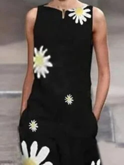 Women's Jumpsuit Pocket Print Floral Clean Fit Dressy Party OL Crew Neck Streetwear Daily Vacation Regular Fit Sleeveless Black S M L Fall Summer -Cheap Plus Fit Dress Store zhaflx1677811919396