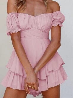 Women's Romper Ruffle Solid Color Off Shoulder Active Street Daily Regular Fit Short Sleeve Green Blue Pink S M L Spring -Cheap Plus Fit Dress Store zhfygz1643274614584