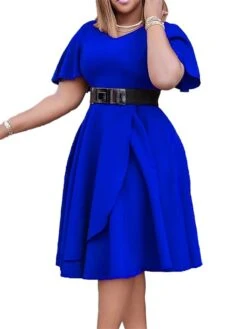 Women‘s Plus Size Curve Flattering Dresses Elegant Apple Shaped Dress Wedding Guest Work Dress Pure Color V Neck Ruffle Short Sleeve Spring Fall Work Knee Length Dress Going Out Work Dress -Cheap Plus Fit Dress Store zhstlp1666680413236