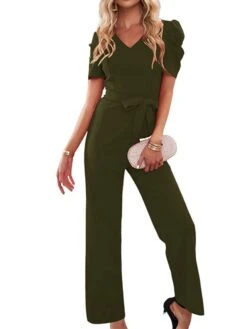 Women's Jumpsuit Lace Up Solid Color V Neck Streetwear Holiday Vacation Regular Fit Short Sleeve Black Wine Red S M L Spring -Cheap Plus Fit Dress Store zhukts1673405783377