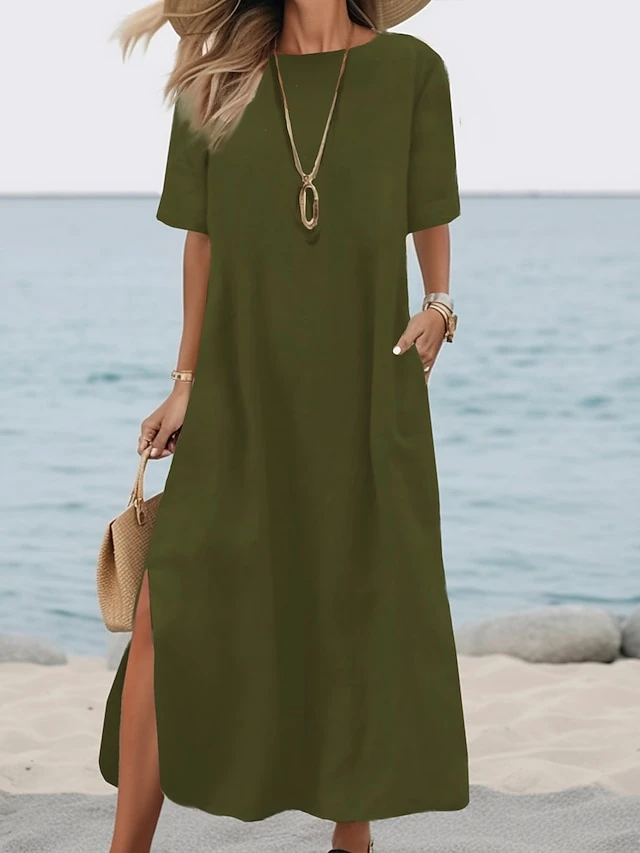 Women's Casual Dress Cotton Linen Dress Shift Dress Midi Dress Linen / Cotton Blend Basic Modern Outdoor Daily Weekend Crew Neck Pocket Split Half Sleeve Summer Spring Fall 2023 Loose Fit ArmyGreen 3 Women's Casual Dress Cotton Linen Dress Shift Dress Midi Dress Linen / Cotton Blend Basic Modern Outdoor Daily Weekend Crew Neck Pocket Split Half Sleeve Summer Spring Fall 2023 Loose Fit ArmyGreen - Image 3