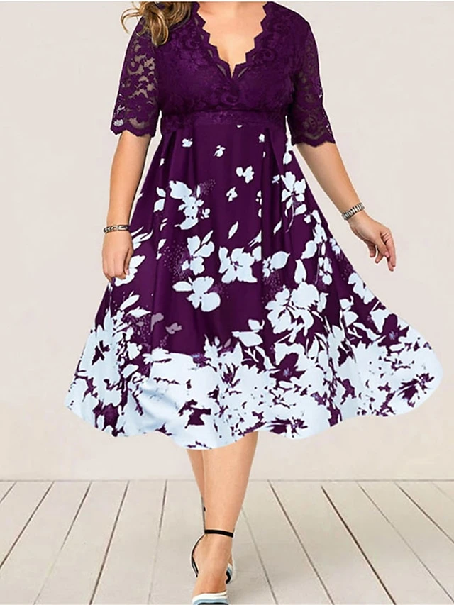 Women‘s Plus Size Curve Party Dress Cocktail Dress Work Dress Midi Dress Black Navy Blue Purple Half Sleeve Floral Lace Summer Spring Fall V Neck Fashion Wedding Guest Vacation Summer Dress 2023 5 Women‘s Plus Size Curve Party Dress Cocktail Dress Work Dress Midi Dress Black Navy Blue Purple Half Sleeve Floral Lace Summer Spring Fall V Neck Fashion Wedding Guest Vacation Summer Dress 2023 - Image 5