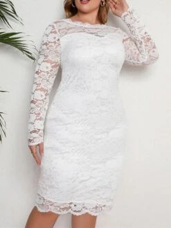 Women‘s Plus Size Curve Party Dress Lace Dress Sheath Dress Solid Color Midi Dress Long Sleeve Lace Crew Neck Modern Party White Summer Spring XL XXL 3XL 4XL 5XL -Cheap Plus Fit Dress Store zihkul1678868082465