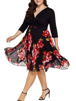 Women‘s Plus Size Curve Casual Dress Swing Dress Floral Midi Dress Half Sleeve Patchwork Print V Neck Classic Daily Black White Spring Fall L XL 3XL 4XL 5XL -Cheap Plus Fit Dress Store ziufeu1672984767345