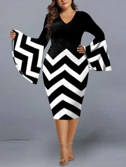 Women's Plus Size Curve Party Dress Cocktail Dress Work Dress Geometric Stripe Midi Dress Long Sleeve Print V Neck Fashion Party Black Red Fall Winter XL XXL 3XL 4XL 5XL