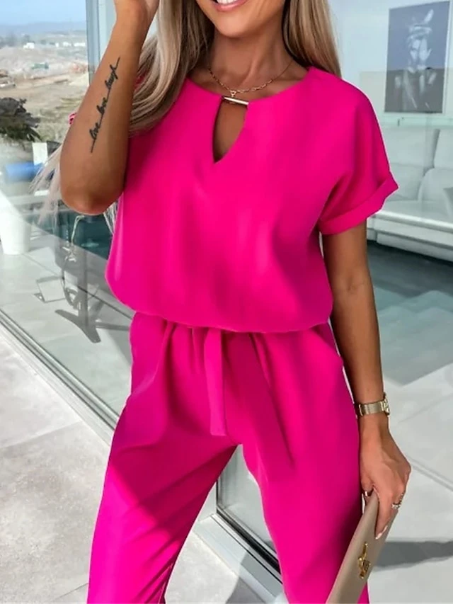 Women's Jumpsuits Casual Summer Lace Up High Waist Solid Color Crew Neck Business Office Work Loose Fit Short Sleeve Black Pink Fuchsia S M L 18 Women's Jumpsuits Casual Summer Lace Up High Waist Solid Color Crew Neck Business Office Work Loose Fit Short Sleeve Black Pink Fuchsia S M L - Image 18