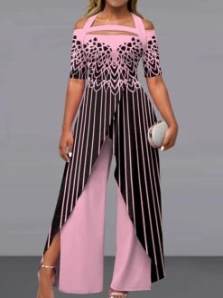 Women‘s Jumpsuit Print Striped Off Shoulder Pink Fall Winter Elegant Wedding Party Wide Leg Regular Fit Short Sleeve Black Light Green S M L Summer