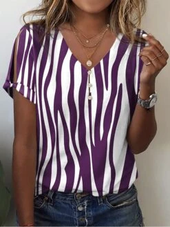 Women's T Shirt Tee Black Blue Purple Anchor Zebra Button Cut Out Print Short Sleeve Daily Weekend Basic V Neck Regular Fit Painting