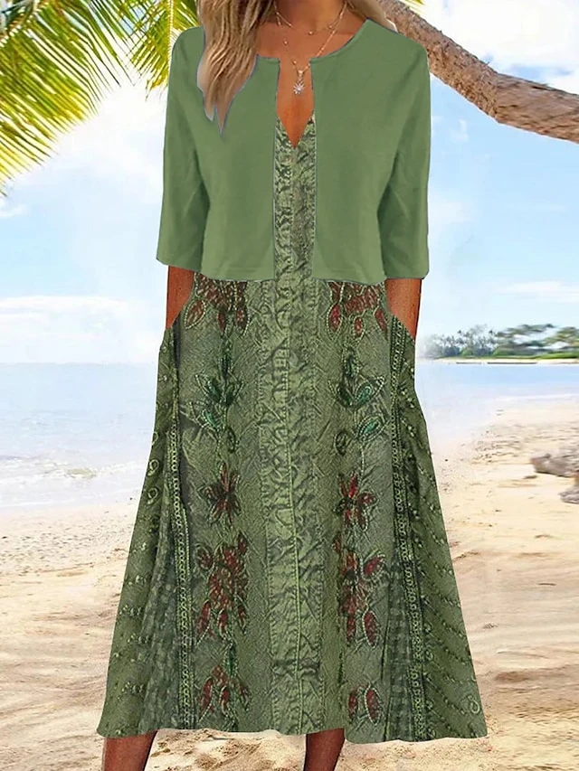 Women's Two Piece Dress Set Casual Dress Dress Set Outdoor Daily Fashion Streetwear Pocket Print Midi Dress V Neck Half Sleeve Floral Regular Fit Green Summer Spring S M L XL XXL 1 Women's Two Piece Dress Set Casual Dress Dress Set Outdoor Daily Fashion Streetwear Pocket Print Midi Dress V Neck Half Sleeve Floral Regular Fit Green Summer Spring S M L XL XXL