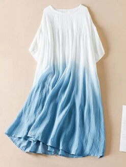 Women's Casual Dress Cotton Linen Dress Swing Dress Midi Dress Polyester Fashion Casual Outdoor Daily Vacation Crew Neck Pocket Print Half Sleeve Spring Fall Autumn 2023 Loose Fit Pink Blue Brown -Cheap Plus Fit Dress Store zmdaww1694418839785