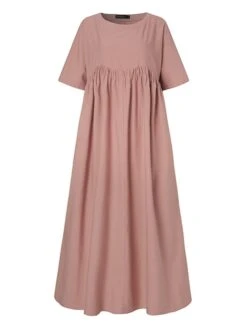 Women's Casual Dress Cotton Linen Dress Swing Dress Long Dress Maxi Dress Black Pink Green Short Sleeve Pure Color Ruched Spring Fall Autumn Crew Neck Elegant Vacation Loose Fit 2022 S M L XL XXL 3XL -Cheap Plus Fit Dress Store zmicbz1629970909391