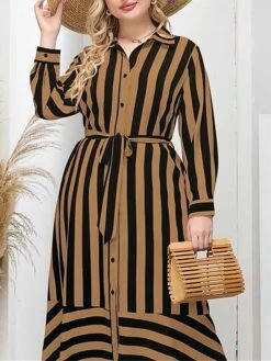 Women's Plus Size Curve Shirt Dress Casual Dress Midi Dress Outdoor Daily Vacation Polyester Fashion Classic Shirt Collar Lace Up Button Long Sleeve Spring Fall Winter Loose Fit Yellow Striped L XL -Cheap Plus Fit Dress Store zmrbku1693210757986