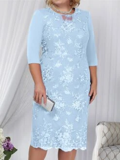 Women‘s Plus Size Curve Apple Shaped Dress Wedding Guest Lace Dress Work Dress Sheath Dress Floral Midi Dress Sleeve Lace Crew Neck Elegant Office Red Sky Blue Spring Summer Dress