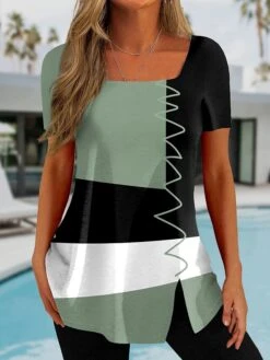 Women's T Shirt Tee Blue Purple Brown Color Block Print Short Sleeve Daily Weekend Basic Square Neck Regular Fit Painting -Cheap Plus Fit Dress Store zmzwty1685616928664