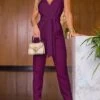 Women's Jumpsuit Lace Up Solid Color V Neck Active Daily Vacation Slim Sleeveless Purple S M L Fall