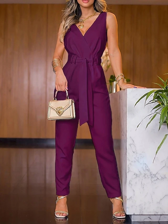 Women's Jumpsuit Lace Up Solid Color V Neck Active Daily Vacation Slim Sleeveless Purple S M L Fall 1 Women's Jumpsuit Lace Up Solid Color V Neck Active Daily Vacation Slim Sleeveless Purple S M L Fall