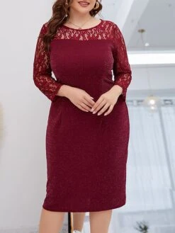 Women‘s Plus Size Curve Party Dress Lace Dress Cocktail Dress Midi Dress Wine Long Sleeve Pure Color Lace Spring Fall Winter Crew Neck Fashion Winter Dress Birthday Wedding Guest 2023