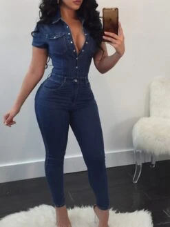 Women's Jumpsuit Button Solid Color Shirt Collar Streetwear Street Daily Regular Fit Short Sleeve Blue S M L Spring