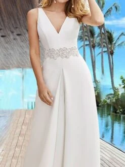 Women's Jumpsuit Lace Backless Solid Color V Neck Dressy Weddding Elegant Party Business Regular Fit Sleeveless White S M L Summer -Cheap Plus Fit Dress Store znszdq1690449250608
