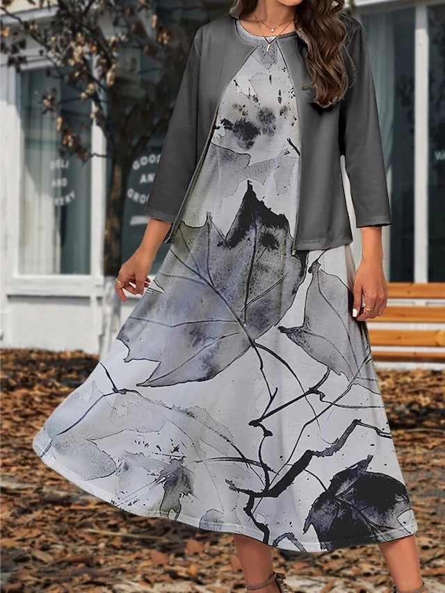 Women's Two Piece Dress Set Casual Dress Swing Dress Outdoor Office Fashion Streetwear Print Midi Dress Crew Neck 3/4 Length Sleeve Leaf Regular Fit Yellow Green Gray Fall Winter S M L XL XXL 2 Women's Two Piece Dress Set Casual Dress Swing Dress Outdoor Office Fashion Streetwear Print Midi Dress Crew Neck 3/4 Length Sleeve Leaf Regular Fit Yellow Green Gray Fall Winter S M L XL XXL - Image 2