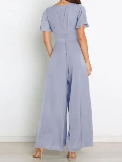 Women's Jumpsuit Ruffle Backless Solid Color V Neck Streetwear Street Daily Regular Fit Short Sleeve Green Wine Navy Blue S M L Spring / Bow -Cheap Plus Fit Dress Store znvnjo1647857554619