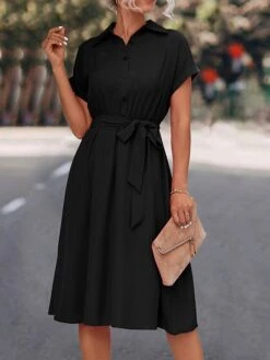 Women's Shirt Dress Casual Dress Midi Dress Outdoor Daily Date Polyester Casual Classic Shirt Collar Lace Up Ruched Short Sleeve Summer Spring 2023 Loose Fit Black Blue Rose Red Plain S M L XL -Cheap Plus Fit Dress Store zofuqi1677739298409