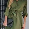 Women's Shirt Dress Casual Dress Mini Dress Outdoor Daily Polyester Basic Classic Shirt Collar Lace Up Button Long Sleeve Spring Fall Winter 2023 Loose Fit Green Pure Color S M L XL