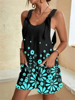 Women's Overall Pocket Print Floral U Neck Casual Daily Weekend Baggy Shorts Loose Fit Strap Black White Light Green S M L Summer