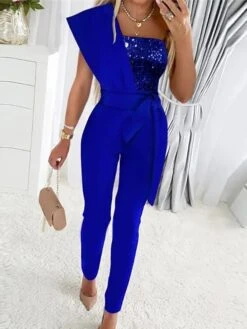Jumpsuits For Women Dressy High Waist Sequin Gradient One Shoulder Elegant Party Bar Regular Fit Short Sleeve Black Blue Gold S M L Spring Fall Summer -Cheap Plus Fit Dress Store zpbkom1668759468945