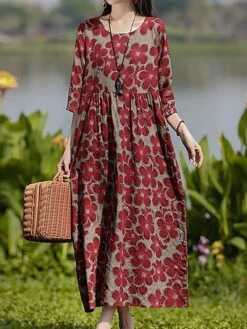 Women's Casual Dress Cotton Linen Dress Swing Dress Midi Dress Linen / Cotton Blend Sweet Style Modern Outdoor Daily Holiday Crew Neck Print 3/4 Length Sleeve Fall Winter Autumn 2023 Loose Fit Yellow -Cheap Plus Fit Dress Store zpdnkv1693553158354