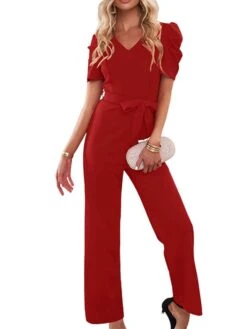 Women's Jumpsuit Lace Up Solid Color V Neck Streetwear Holiday Vacation Regular Fit Short Sleeve Black Wine Red S M L Spring -Cheap Plus Fit Dress Store zpobth1673405781144
