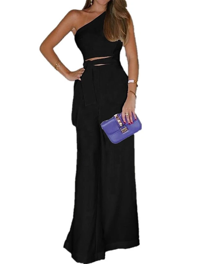 Women's Jumpsuit Lace Up High Waist Solid Color One Shoulder Streetwear Wedding Party Regular Fit Sleeveless Black White S M L Summer 3 Women's Jumpsuit Lace Up High Waist Solid Color One Shoulder Streetwear Wedding Party Regular Fit Sleeveless Black White S M L Summer - Image 3
