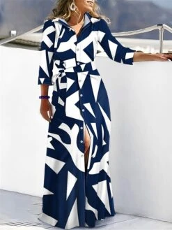 Women's Shirt Dress Casual Dress Swing Dress Maxi Long Dress Outdoor Daily Date Polyester Fashion Modern Shirt Collar Lace Up Button Long Sleeve Summer Spring Fall 2023 Loose Fit Black Navy Blue