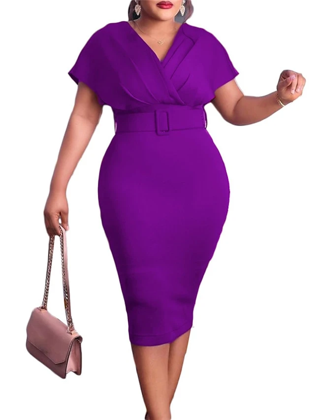 Women‘s Plus Size Curve Easter Dress Work Dress Solid Color V Neck Short Sleeve Spring Dress Fall Work Formal Knee Length Dress Date Vacation Dress 12 Women‘s Plus Size Curve Easter Dress Work Dress Solid Color V Neck Short Sleeve Spring Dress Fall Work Formal Knee Length Dress Date Vacation Dress - Image 12