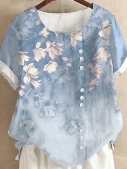 Women's Blouse White Blue Green Floral Print Short Sleeve Daily Sports Going Out Streetwear Festival Crewneck Regular Fit Summer Spring