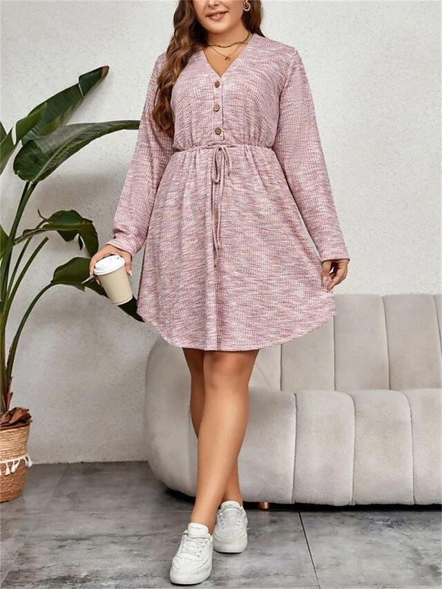 Women's Plus Size Curve Casual Dress Winter Dress Sheath Dress Plain Midi Dress Long Sleeve Lace Up Button V Neck Fashion Outdoor Pink Fall Winter XL XXL 3XL 4XL 7 Women's Plus Size Curve Casual Dress Winter Dress Sheath Dress Plain Midi Dress Long Sleeve Lace Up Button V Neck Fashion Outdoor Pink Fall Winter XL XXL 3XL 4XL - Image 7