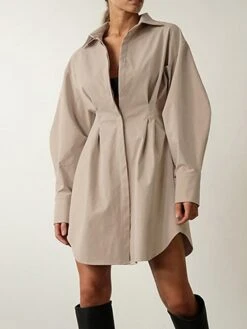 Women's Shirt Dress Casual Dress Mini Dress Outdoor Daily Date Polyester Fashion Basic Shirt Collar Button Long Sleeve Fall Winter 2023 Regular Fit Black White Brown Pure Color S M L -Cheap Plus Fit Dress Store zqylue1695644832463