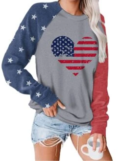 Women's T Shirt Tee Tunic Shirts Pure Gray Five-pointed Star Gray Five-pointed Star White American US Flag Stars American Flag Print Long Sleeve Casual Daily Independence Day Basic Round Neck Crew